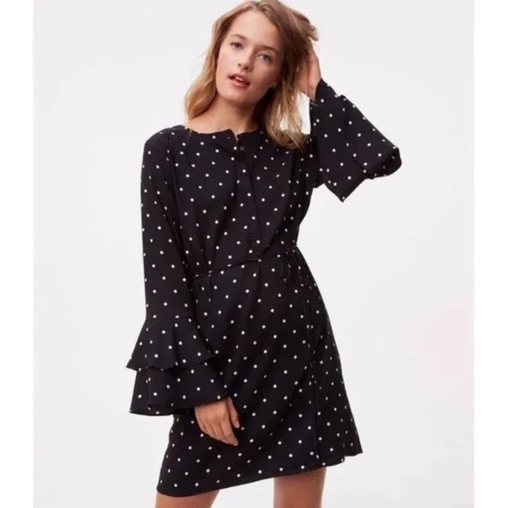 Ann Taylor Loft Black Polka Dot Long Sleeve Shift Dress